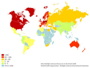 Az SM prevalenciája 100 000 lakosra vetítve, térképen ábrázolva